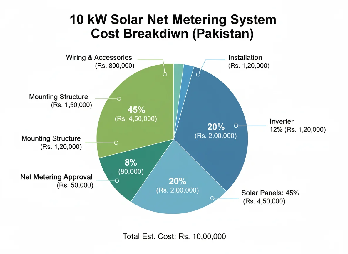Solar net metering system cost breakdown showing percentage allocation for panels, inverter, mounting, and installation